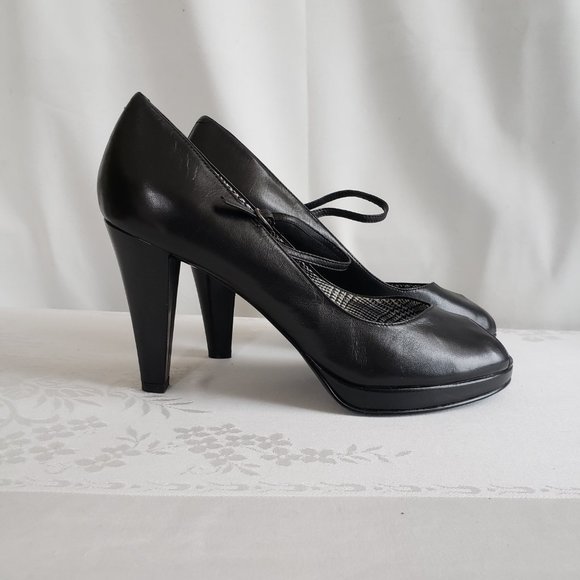 New BANDOLINO Black leather platform peep toe Mary Jane strap pumps Plaid lining - Picture 2 of 10